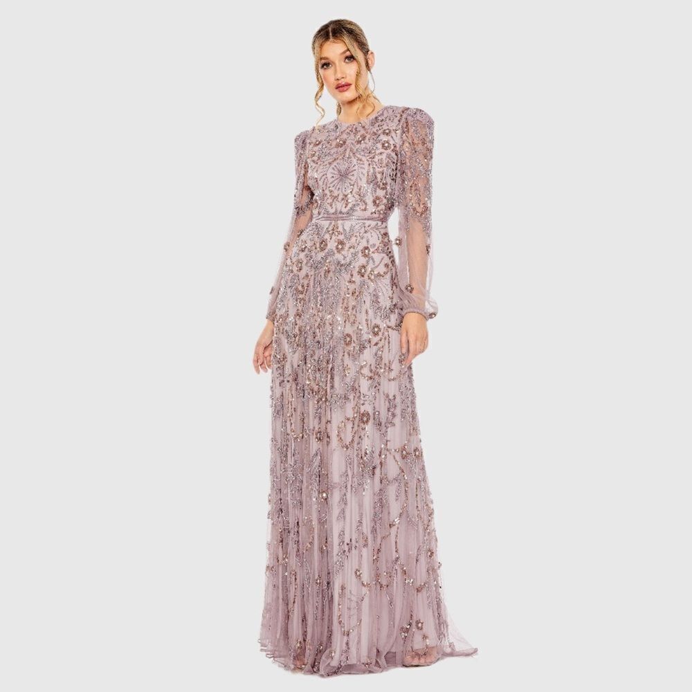 Mac Duggal $798 93930 Purple Puff Sleeve Embellished A Line Gown Dress Size 16 — image 2 of 8